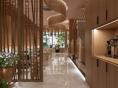 Modern Chinese Hotpot Restaurant Interior With Wooden Decor Green Plants And Warm Lighting 3d model