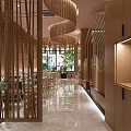 Modern Chinese Hotpot Restaurant Interior With Wooden Decor Green Plants And Warm Lighting