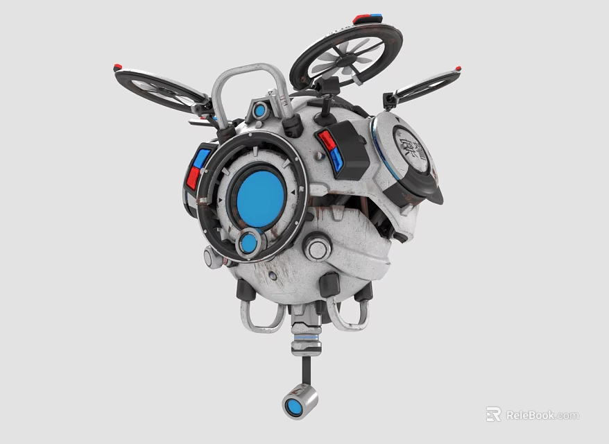 Detailed Robotic Mechanical Device With Wheels Circular Blue Elements Metallic Structure And Red Accents 3d model