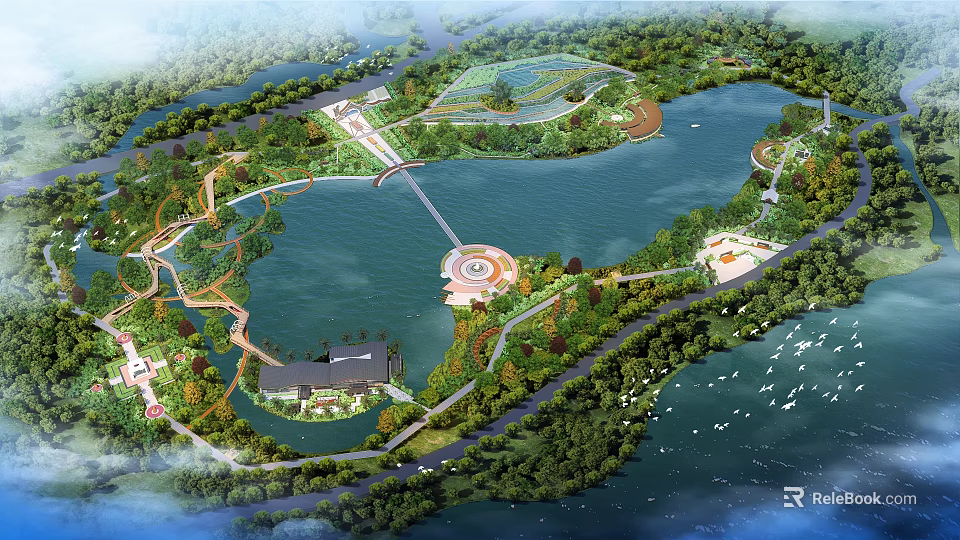 Lush Waterfront Landscape With Lake Green Spaces Walking Paths Bridge Circular Plaza And Trees 3d model 
