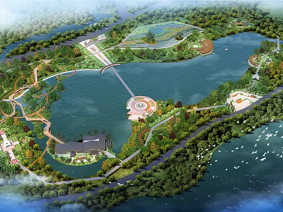 Lush Waterfront Landscape With Lake Green Spaces Walking Paths Bridge Circular Plaza And Trees 3d model