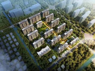 Aerial Planning of Modern Residential Community With Multiple Buildings Green Spaces and Tree Lined Roads 3d model