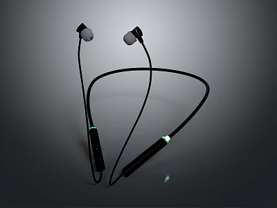 Black Computer Neckband Earbuds With Green Indicator Lights And Wired Design 3d model
