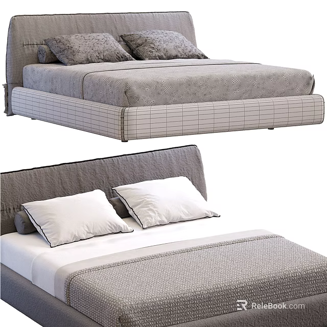 Modern Gray Double Bed With Headboard White Gray Pillows And Textured Bed Sheets 3d model