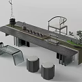 Black Wooden Tea Table and Chairs with Tea Set Stools and Small Plant