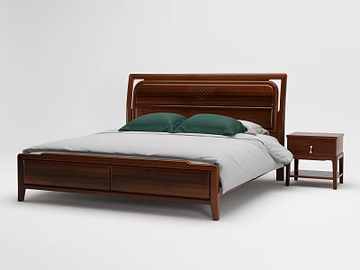 Wooden Double Bed with Carved Headboard Green Pillows White Linen Bedding and Matching Nightstand 3d model