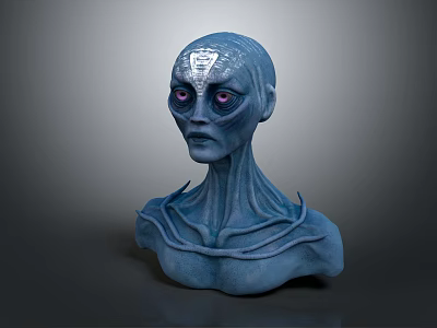 Game Movie Character Blue Head Sculpture With Glowing Purple Eyes Forehead Symbol Intricate Neck Design 3d model