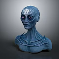 Game Movie Character Blue Head Sculpture With Glowing Purple Eyes Forehead Symbol Intricate Neck Design