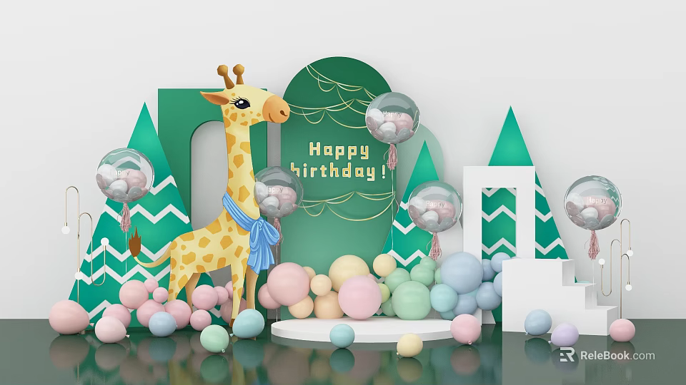 Colorful Birthday Party Decoration With Giraffe Doll Green Backdrop And Balloons 3d model 