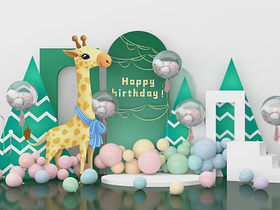 Colorful Birthday Party Decoration With Giraffe Doll Green Backdrop And Balloons 3d model