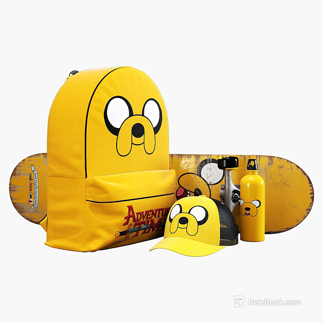 Yellow Adventure Time Backpack With Jake Face Design And Skateboard Cap Water Bottle 3d model 