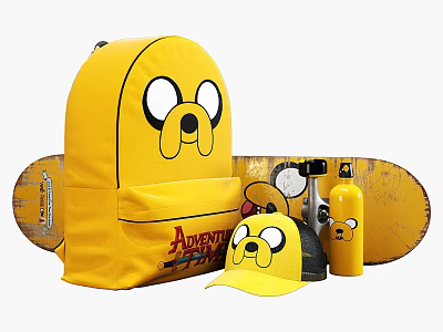 Yellow Adventure Time Backpack With Jake Face Design And Skateboard Cap Water Bottle 3d model