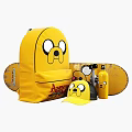 Yellow Adventure Time Backpack With Jake Face Design And Skateboard Cap Water Bottle