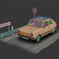 Beige Vintage Car For Sale Parked By Guardrail In Snowy Area With Sign