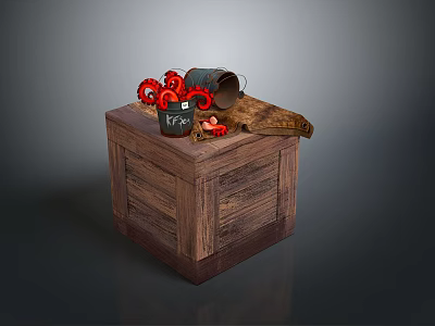 Wooden Crate With Red Gears Free Labeled Metal Bucket And Wooden Plank 3d model
