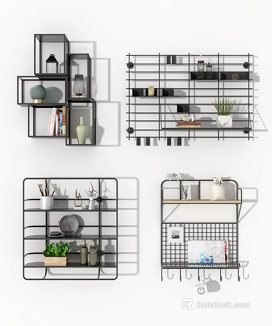 Modern Wall Cabinets Design With Metal Frame Shelves And Decorative Plants 3d model 