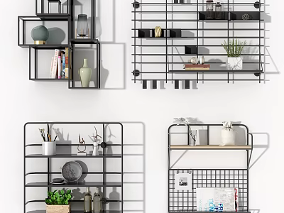Modern Wall Cabinets Design With Metal Frame Shelves And Decorative Plants 3d model