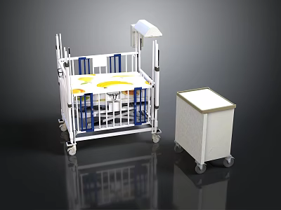Modern White Baby Crib With Blue Rails And Rolling Storage Cart Furniture 3d model
