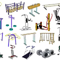 Diverse Sports Equipment Collection Featuring Gym Machines Outdoor Fitness Gear and Training Tools