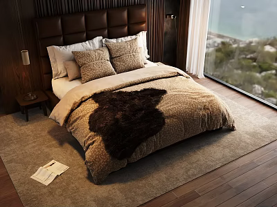 Elegant Double Bed with Tufted Headboard Pillows Faux Fur Throw Wooden Floor Ocean View Window 3d model