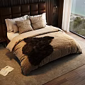 Elegant Double Bed with Tufted Headboard Pillows Faux Fur Throw Wooden Floor Ocean View Window