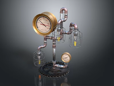 Industrial Steampunk Style Decorative Lamp With Metal Pipes Pressure Gauges Gear Base And Caged Lights 3d model