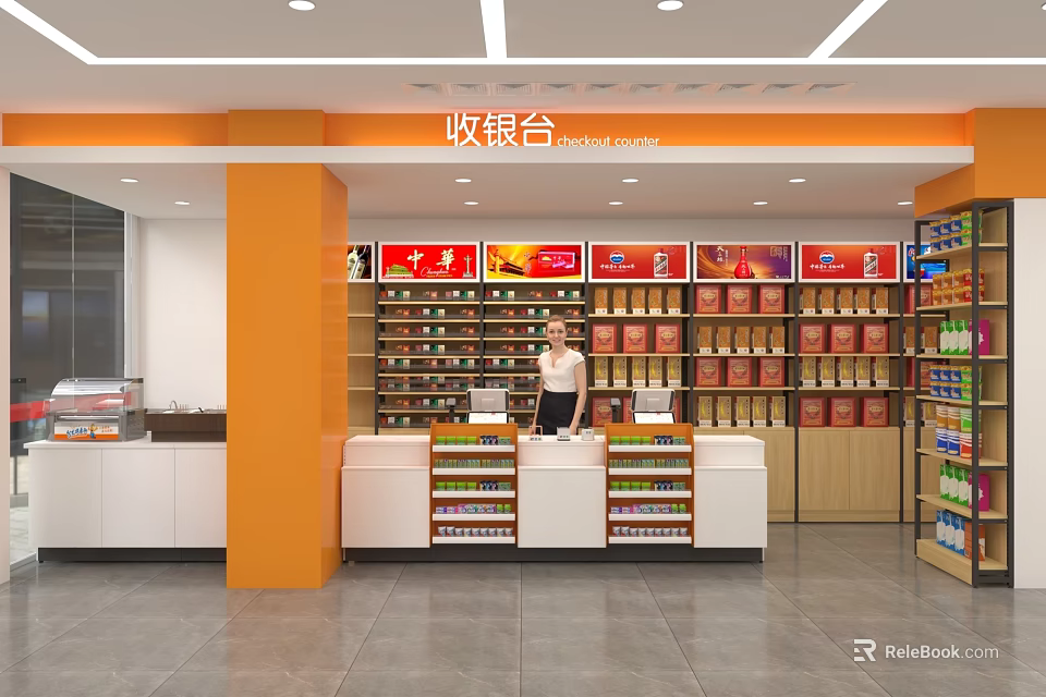 Supermarket Grocery Store Checkout Counter Area With Staff Standing And Shelves Of Beverages Food Items 3d model 