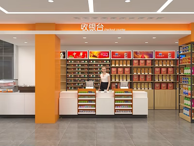 Supermarket Grocery Store Checkout Counter Area With Staff Standing And Shelves Of Beverages Food Items 3d model