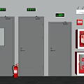Safety Exit Signs With Fire Doors Extinguishers And Fire Cabinets Setup
