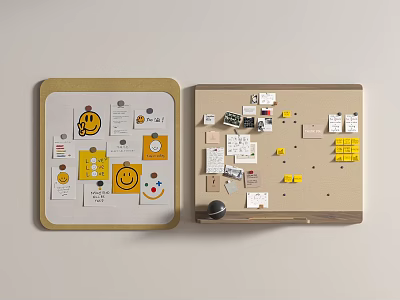 Organized Cork Boards With Colorful Notes Smiley Stickers Small Cards And Charts 3d model