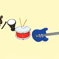 Assorted Musical Instruments Collection with Violin Red Drum Blue Guitar and Drumsticks
