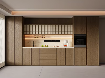 Modern Open Kitchen Sideboard Design With Wooden Storage Drawers And Countertop Appliances 3d model