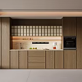 Modern Open Kitchen Sideboard Design With Wooden Storage Drawers And Countertop Appliances
