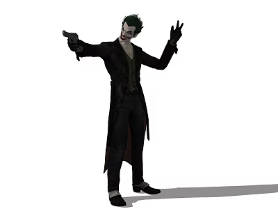 Game Movie Character Joker In Black Coat Green Vest Holding Gun Gesturing And Smiling 3d model