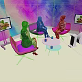 Modern Meeting Space With Pink Chairs TV Screens Colorful Wall And White Table