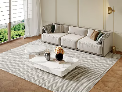 Modern Soft Beige Fabric Sofa And Marble Coffee Table Set For Cozy Bright Living Room 3d model