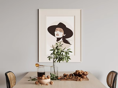 Minimalist Abstract Painting of Woman With Hat in White Frame on Wall as Home Decor 3d model