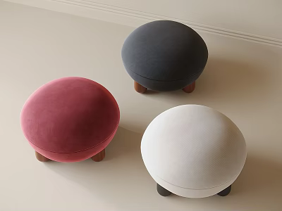 Three Round Pink Gray White Velvet Stools With Wooden Legs For Home Decor 3d model