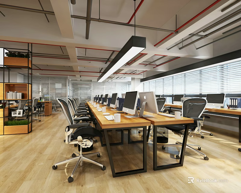 Modern Public Office Space Interior With Long Workstations Multiple Computers Ergonomic Chairs And Large Windows 3d model