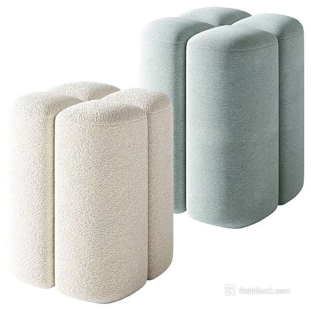 Modern Upholstered Stools In Beige And Light Blue With Soft Curved Fabric Design 3d model 