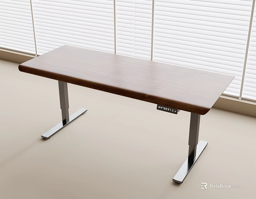 Modern Wooden Desk with Stainless Steel Legs and White Blinds Window 3d model 