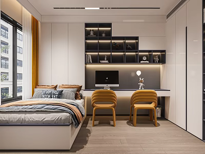 Modern Tatami Bedroom Interior Featuring Tatami Bed Desk Yellow Chairs Bookshelf and Window 3d model