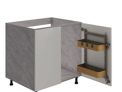 Modern Gray Kitchen Cabinet With Open Door And Wooden Storage Drawers 3d model