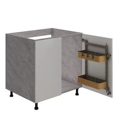 Modern Gray Kitchen Cabinet With Open Door And Wooden Storage Drawers 3d model