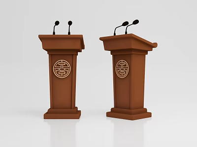 Two Brown Podiums With Microphones And Decorative Circular Patterns On White Background 3d model