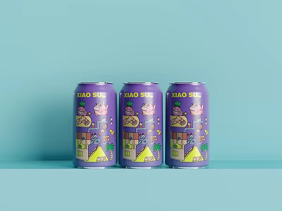 Three Vibrant Purple Kalo Sea Canned Beverages Arranged On Blue Background 3d model