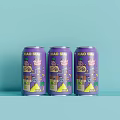 Three Vibrant Purple Kalo Sea Canned Beverages Arranged On Blue Background