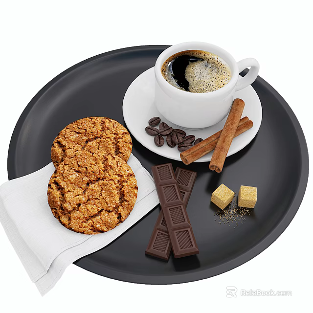 Cup of Coffee with Coffee Beans Cinnamon Sticks Oatmeal Cookies Chocolate Bars and Sugar Cubes 3d model 