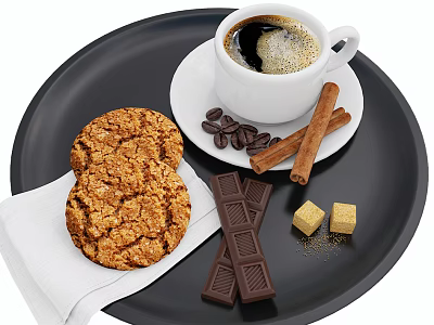 Cup of Coffee with Coffee Beans Cinnamon Sticks Oatmeal Cookies Chocolate Bars and Sugar Cubes 3d model