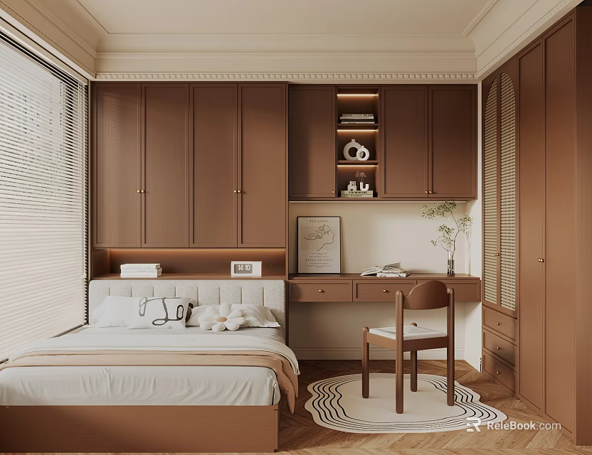 Tatami Bedroom Interior With Brown Cabinets Desk Chair Window And Patterned Rug 3d model 